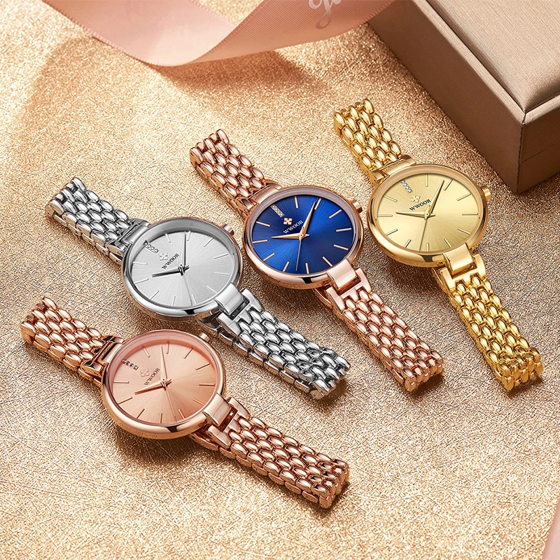 WWOOR Fashion Womens Watches Gold Bracelet Watch stainless steel Casual Quartz Ladies Wristwatch Waterproof Clock Zegarek Damski