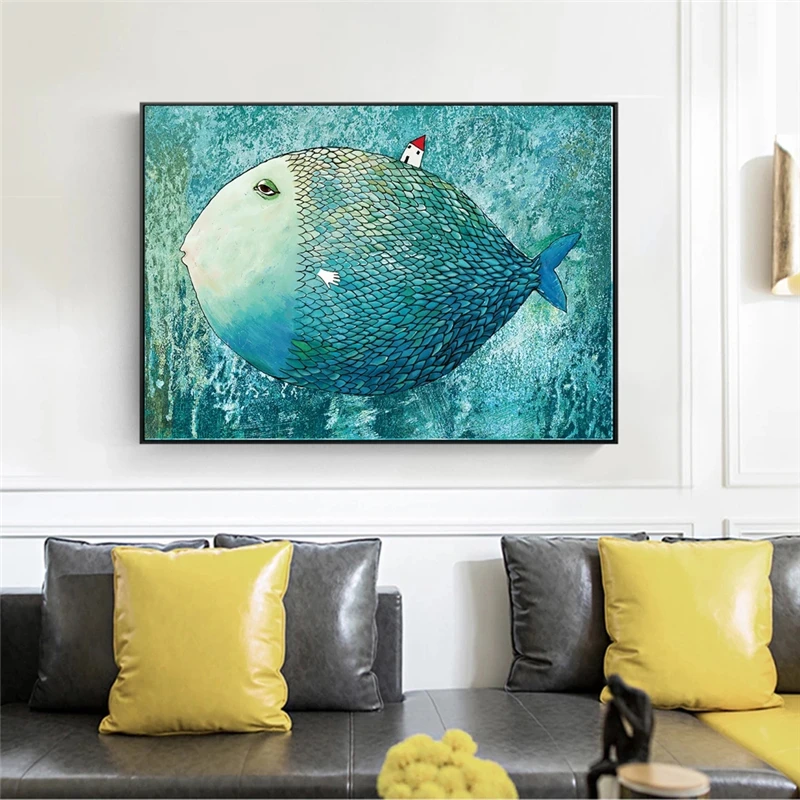 Large Blue Fish Cartoon Wall Art Posters And Prints Modern Art Animals Paintings on the Wall Pictures For Kids Room Decor Cuadro