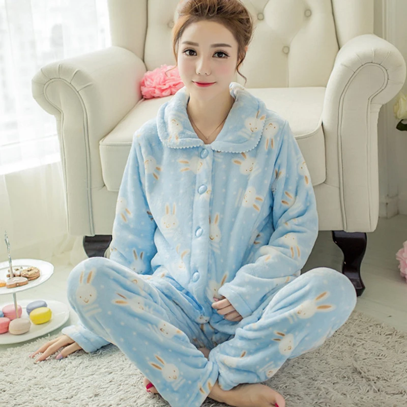 Newly Women\'s Flannel Pajamas Set Casual Long Sleeve Fleece Cardigan Warming Sleepwear for Autumn Winter