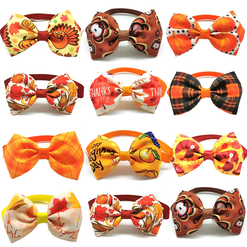 

10pcs Fall Pets Supplies Dogs Accessories Pumpkin Turkey Thanksgiving Pet Dog Bowties Small Dog Grooming Products for Fall