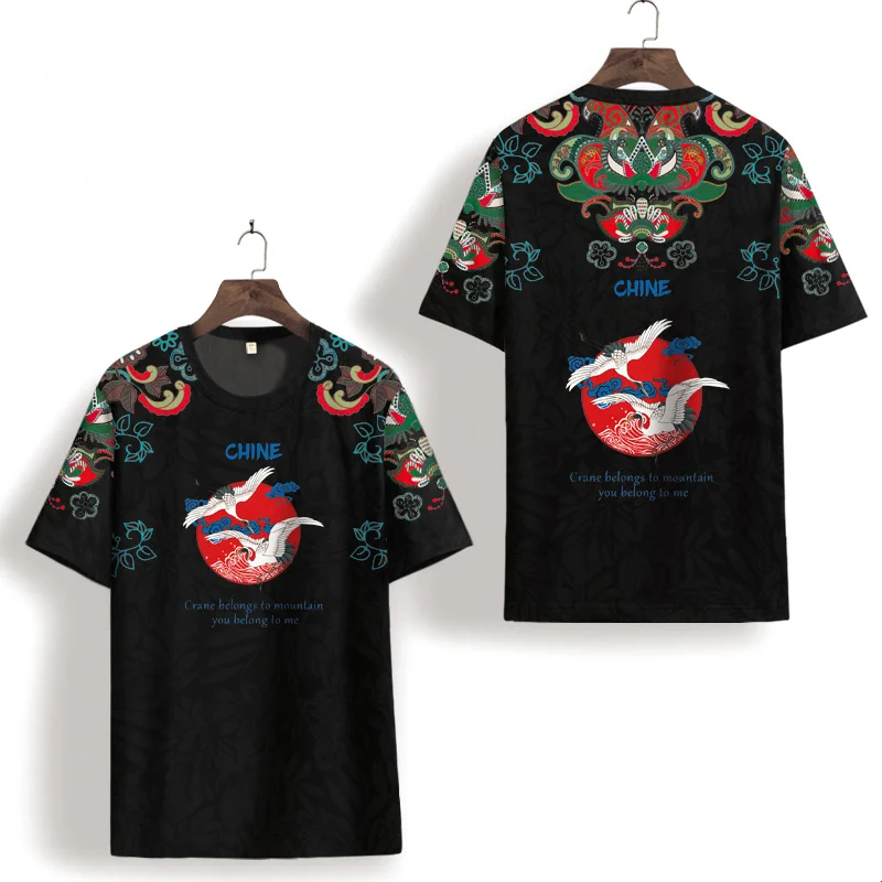 

Chinese Style Crane Printing Short-Sleeved Round Neck T-Shirt Men's Summer New Trend Large Size Casual All-Match Black Top Soft