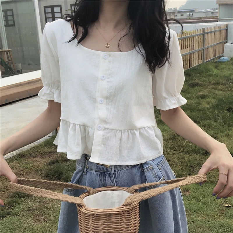 Shirts Women Ruffles New Sweet Style Summer Ulzzang Travel Basic Solid Crops Tops Popular Slim Casual Female Holiday Mujer Soft