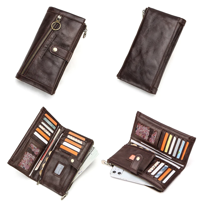 Imagem -02 - Contato-carteira de Couro Genuíno com Bolso para Moedas para Homens Bolsa Longa Hasp Clutch Bolsa Carteiras Masculinas Zip Porta-cartão Portátil