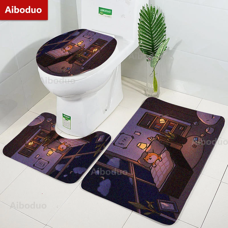 

Aiboduo Kawaii Shiba Inu Non Slip 3pcs/set Toilet Lid Cover Set Absorbent Carpet Dog BathMat Restroom Rug Warm Home Decoration