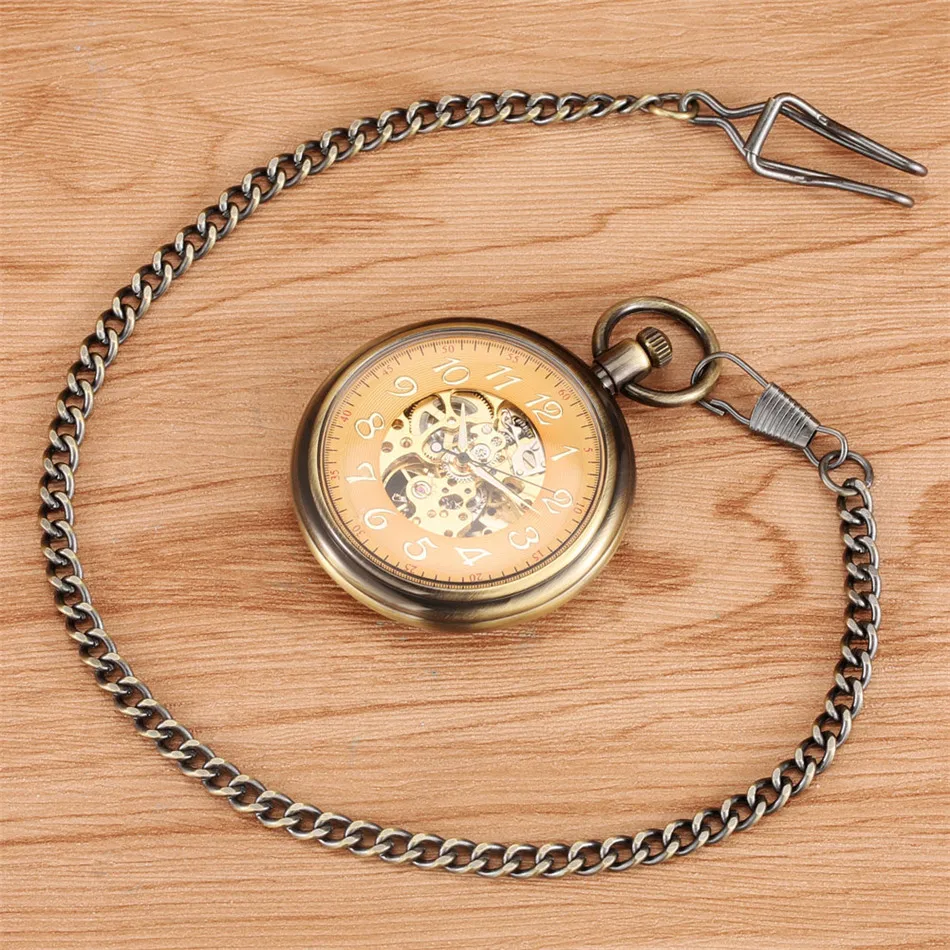 Antique Bronze Mechanical Pocket Watch Automatic Self Winding Retro Open Face Pendant Pocket Clock Gifts Male New Arrival 2021