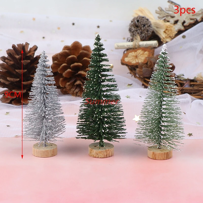 Hot 3PCS/set 7/9cm DIY Christmas Tree Mini Pine Tree With Wood Base Home Table Top Decor Miniatures