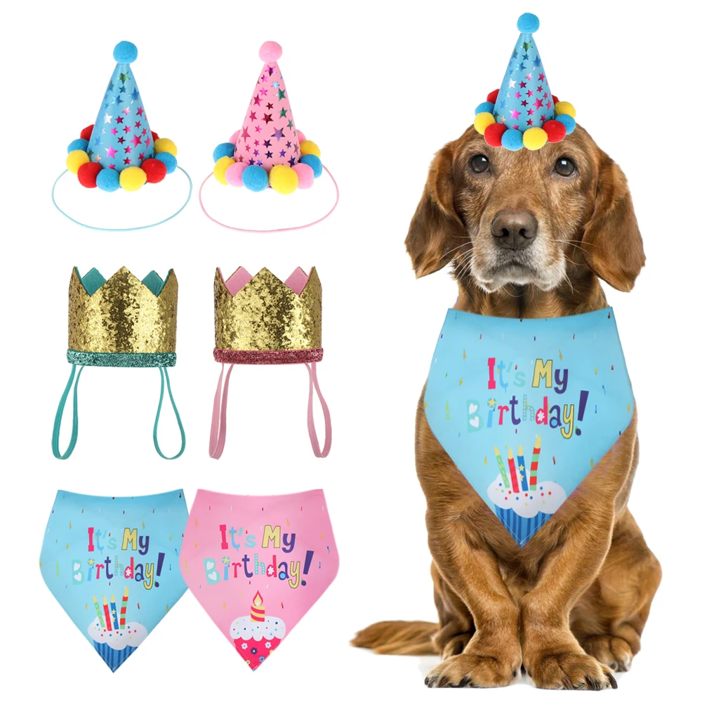 Cute Pet Birthday Caps/Bibs Design Headwear Triangle Scarf Hat Tie Collar Cat Dog Costume Pets Accessories Decoration Supplies