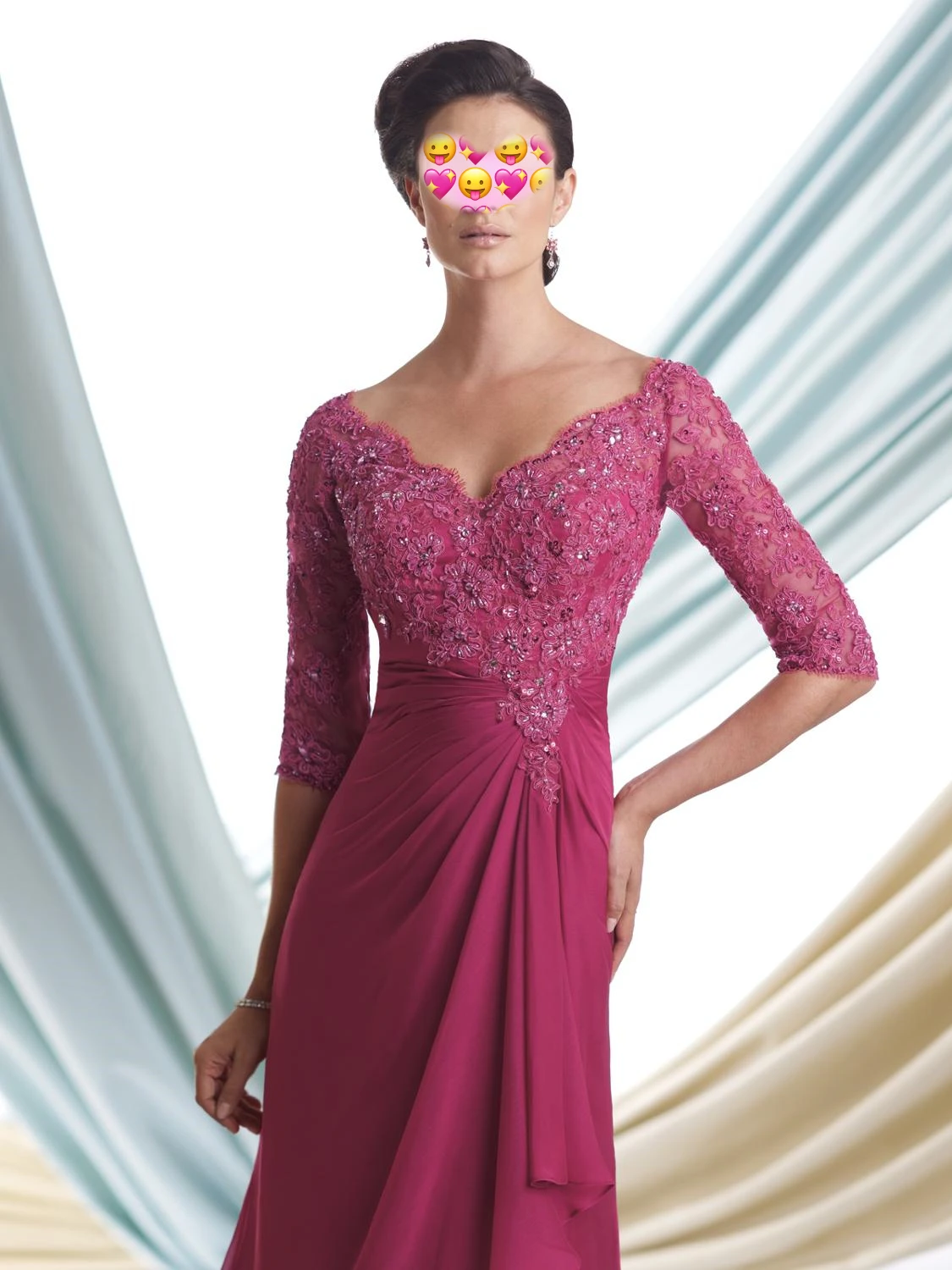 Fushia – robe de soirée en dentelle pour femmes, manches 3/4, avec perles, pour mariage