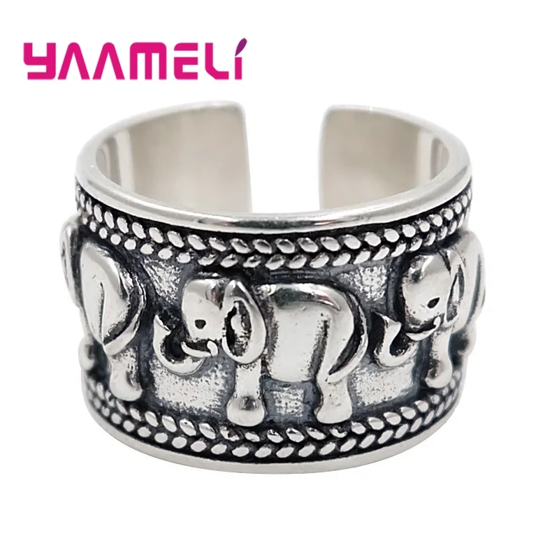 New Punk Tendy 925 Sterling Silver Ring Open Adjustable Vintage Engagement Elephant Shape Jewelry for Men Women Party