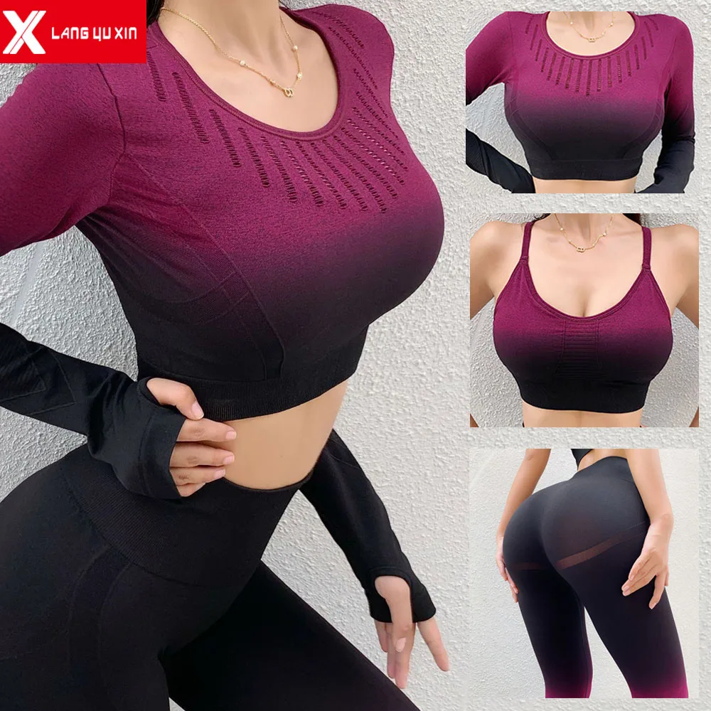 3Pcs Yoga Tracksuits Women's Seamless Sets Fitness Sport Suits Gym Sportswear Crop Top High Waist Running Leggings Sports Bras