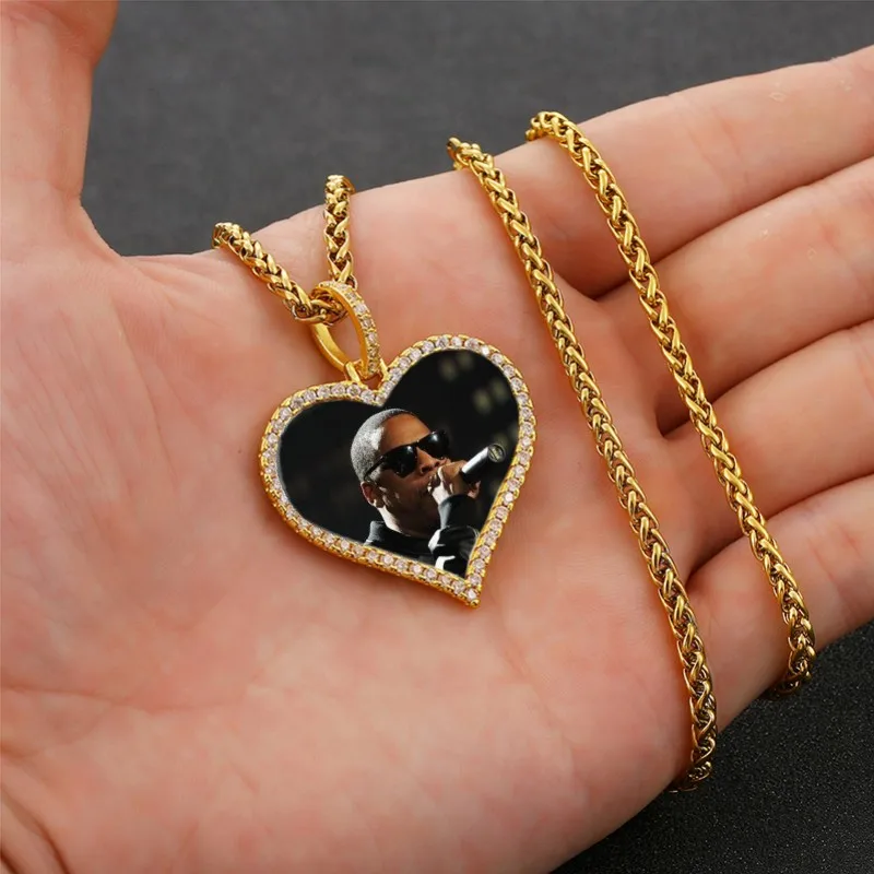 Custom Photo Necklace Heart Medallions Pendant Necklaces Box Chain AAA CZ Zircon Gold Necklace For Men Lover Hip hop Jewelry