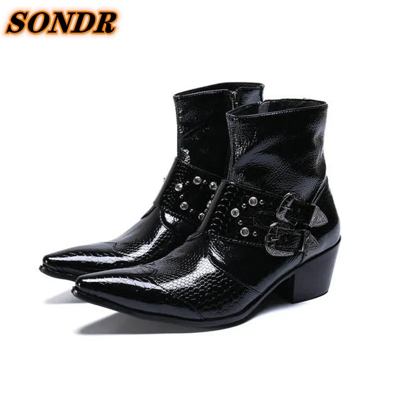 Men Boots Business Pointed Toe Ankle Boots Office Formal Dress Rivets Shoes Man Black Snake Skin Shoes Double Buckle Strap Shoes