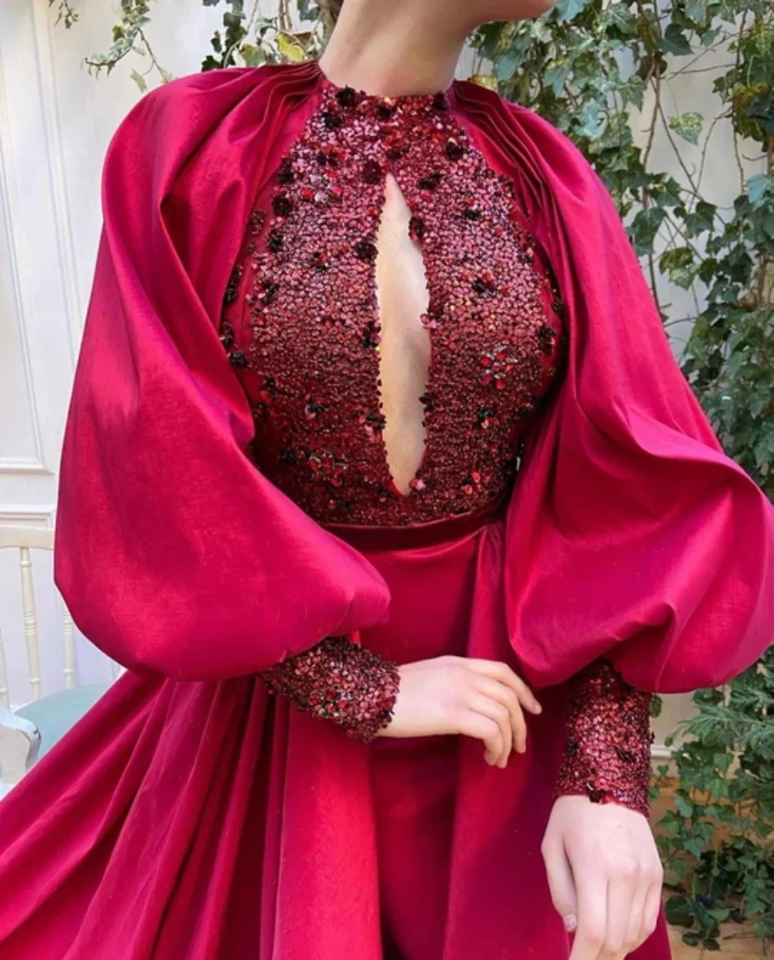 Robe De Soirée rouge avec jupe détachable, manches longues, style sirène, avec traîne, sur mesure, Robes spéciales