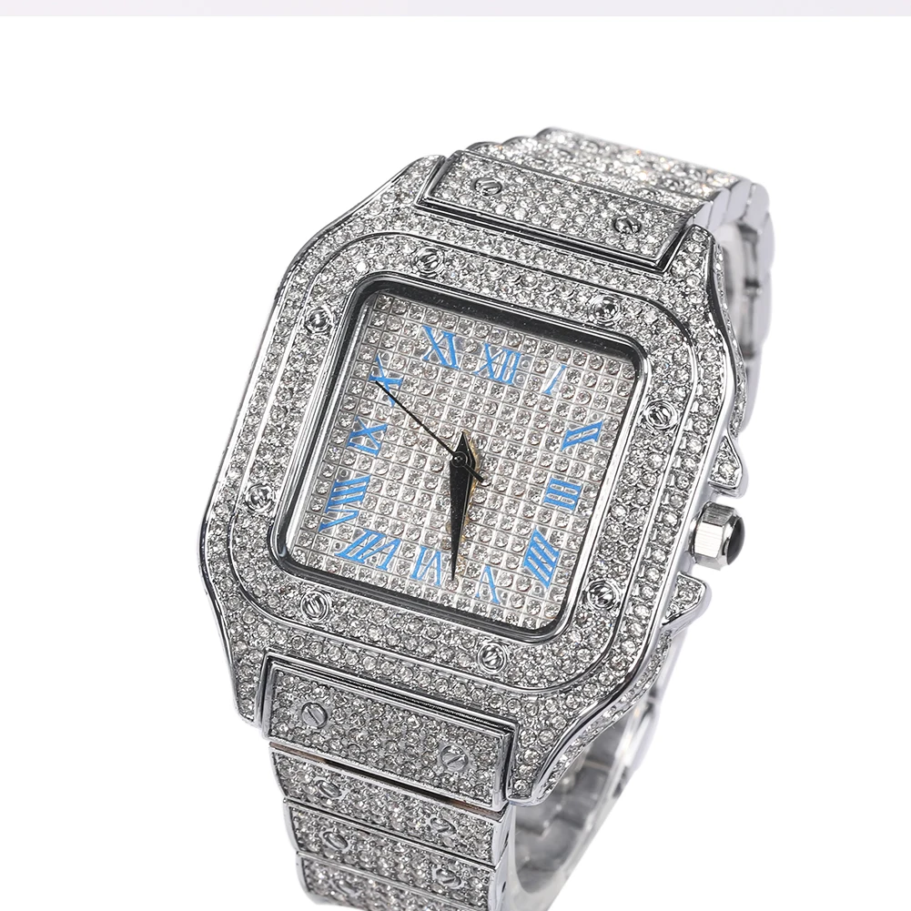 UWIN Iced Out Men Watch Square Diamond Pink/Blue Numbers Luxury Rhinestones Quartz Business Wristwatch Fashion Jewelry for Gift