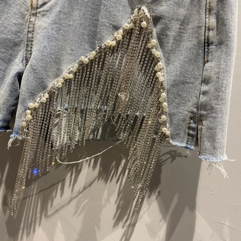 

Street High Sexy Denim Shorts Women Asymmetrical Crystal Tassel Pearls Retro Jeans Summer Hotpants High Waist Wide Legged Shorts