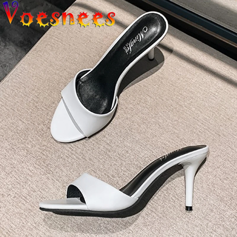 Summer Slippers Women Shallow Solid Color One word with Home Sandals Beach Shoes Sexy High Heels 7cm Thin Heels Pu Women Shoes