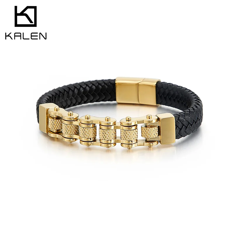 KALEN Fashion Black Braided Cowhide Leather Bangle Men Tri-Color Stainless Steel Bracelet For Men Hiphop/Rock Cool Boys Jewelry