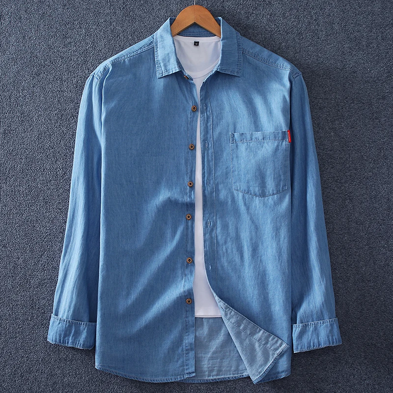 Men\'s denim long-sleeved shirt. 100% cotton summer fashion solid color breathable and comfortable lapel (oversized plus size)