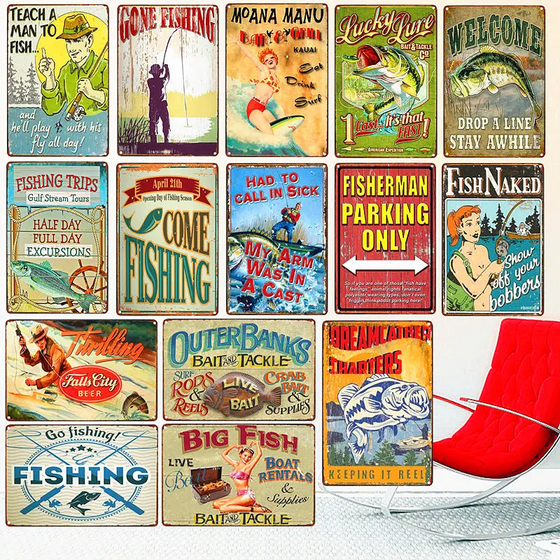 

Gone Fishing Shabby Chic Metal Tin Sign, Bar, Pub, Outdoor Plate, Fisherman Posters, Fish Naked Wall Sticker, Vintage Home Decor