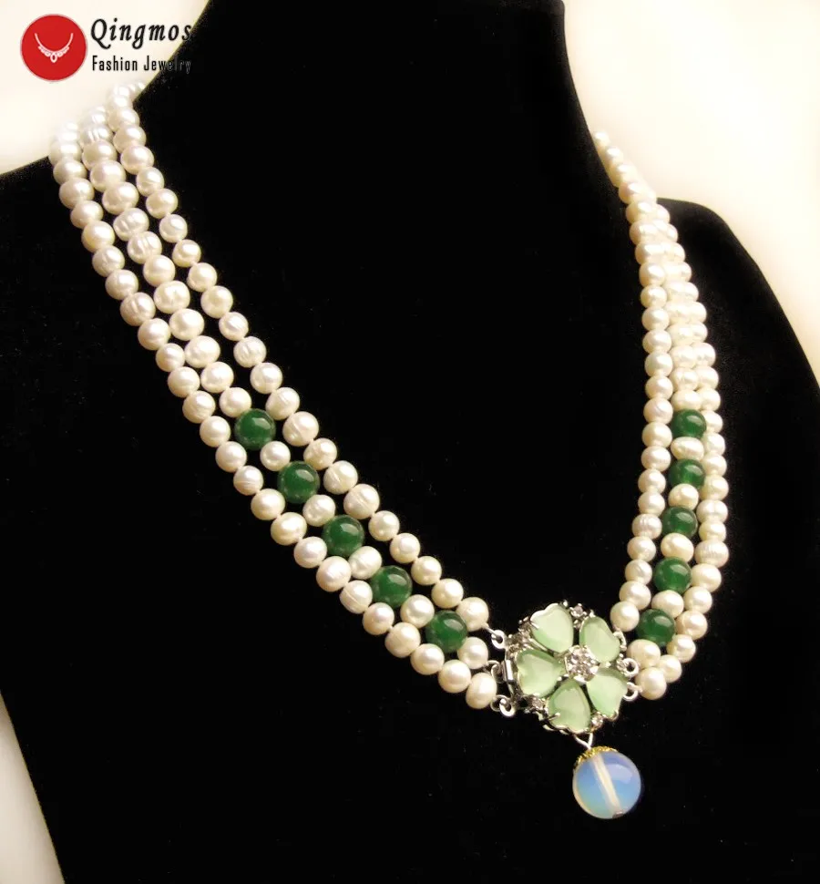 Qingmos 6-7mm Round Natural FW White Pearl Necklace for Women with 12mm Opal Pendant Necklace Green Beads 3 Strands 18