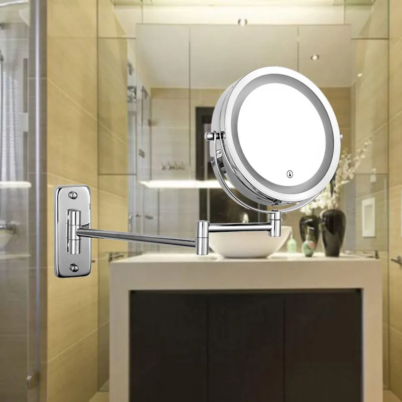 Bathroom Mirror Folding Extend Arm, 2-Sided Touch LED Bright Adjustable, Wall Mounted Vanity Makeup Mirror 3/5/10X Magnification