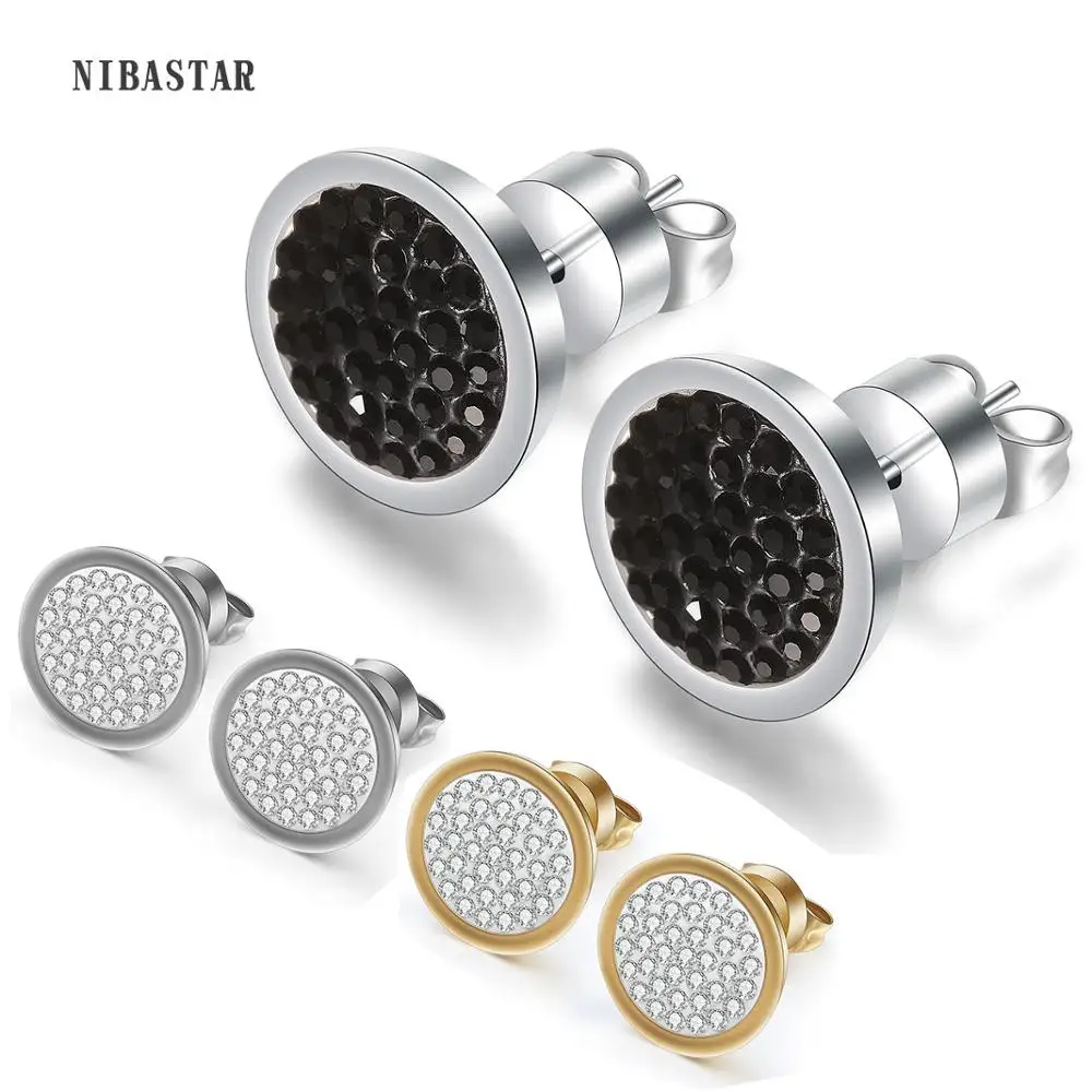 

Hot Sale Gold and Silver Plated Stainless Steel Pave Clear or Black Crystal Cubic Zirconia Stud Earring For Lovely women Gift