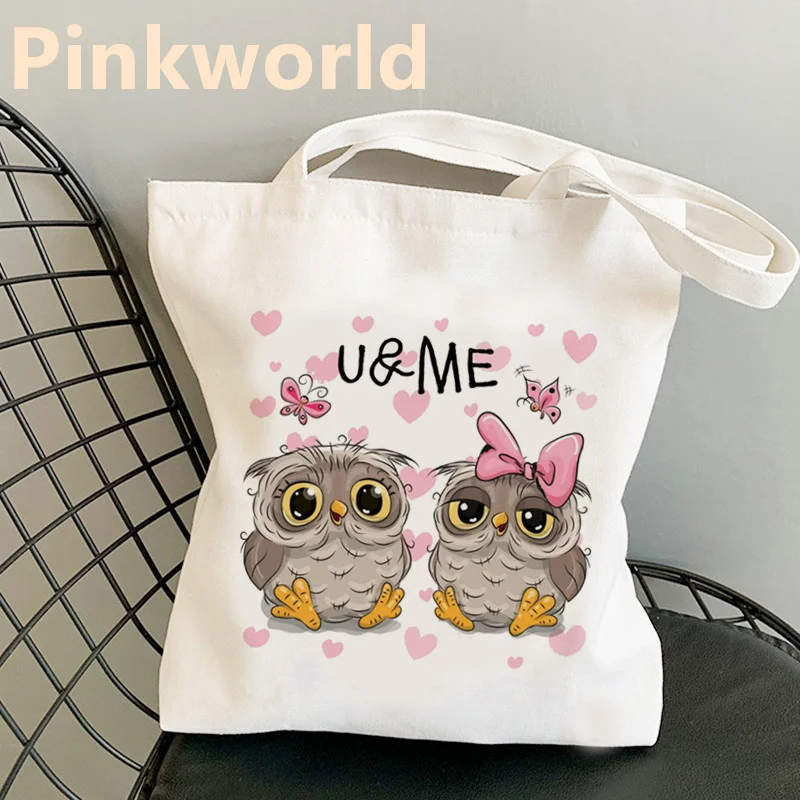 Bolso de lona con estampado de búho para mujer, bolsa de hombro, color blanco y negro, Harajuku