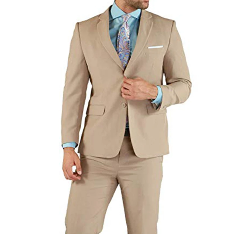 Khaki Men Suits Double Breasted 2 Pieces (Jacket+Pants) Peaked Collar Slim Fit Suits for Wedding Dinner Party Tuxedos