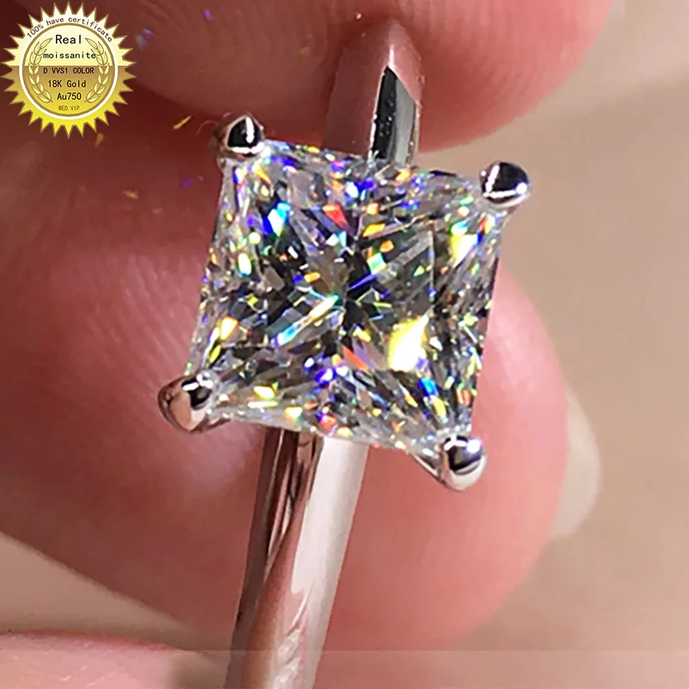 

Au750 18K Gold Rings 1 2 3 4 5 Carat Princess Square D color VVS Moissanite Diamond Ring Women Ring