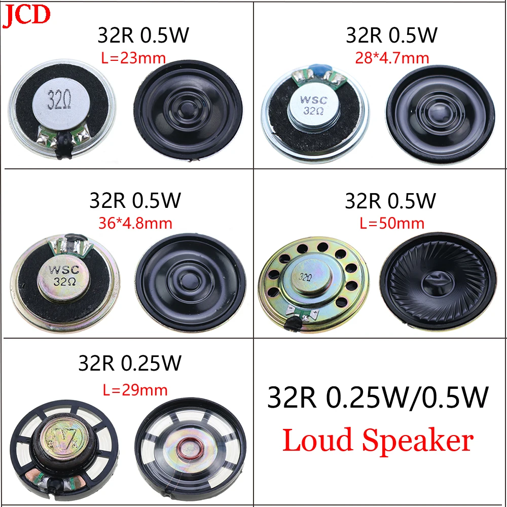 JCD 1Pcs New Ultra-thin speaker 32 ohms 0.25 watt 0.5W 32R speaker Diameter 23mm 28mm 29mm 36mm 50mm