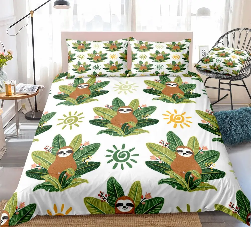 Cute Baby Sloths Duvet Cover Set Cartoon Funny Sloths Bed Set Tropical Leaves Bedding Kids Boys Girls Animal 3PCS White Dropship