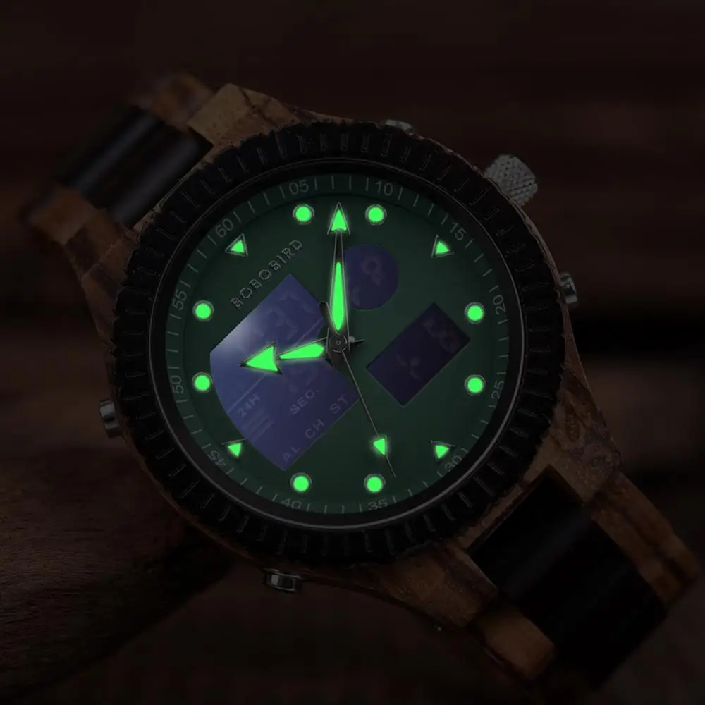 BOBO BIRD-reloj analógico de madera para hombre, accesorio de pulsera de cuarzo resistente al agua con doble pantalla, complemento Masculino de marca de lujo con diseño de cebra, perfecto para regalo de Navidad, envío directo OEM