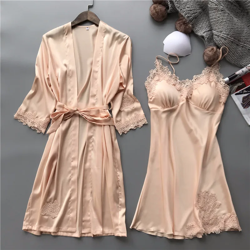 Lisacmvpnel Lace Sexy Women Robe Set V-Neck With Chest Pad Nightdress Cardigan Set Nightwear