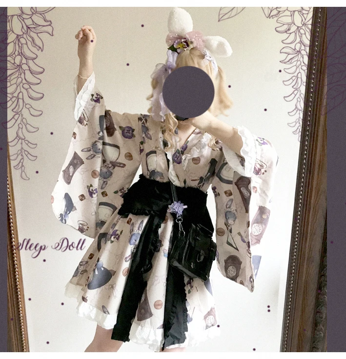 Styl Preppy uczeń Hanfu retro słodki lolita zestaw sukienka + pas wiktoriański druk kawaii dziewczyna loli cos gothic lolita kimono