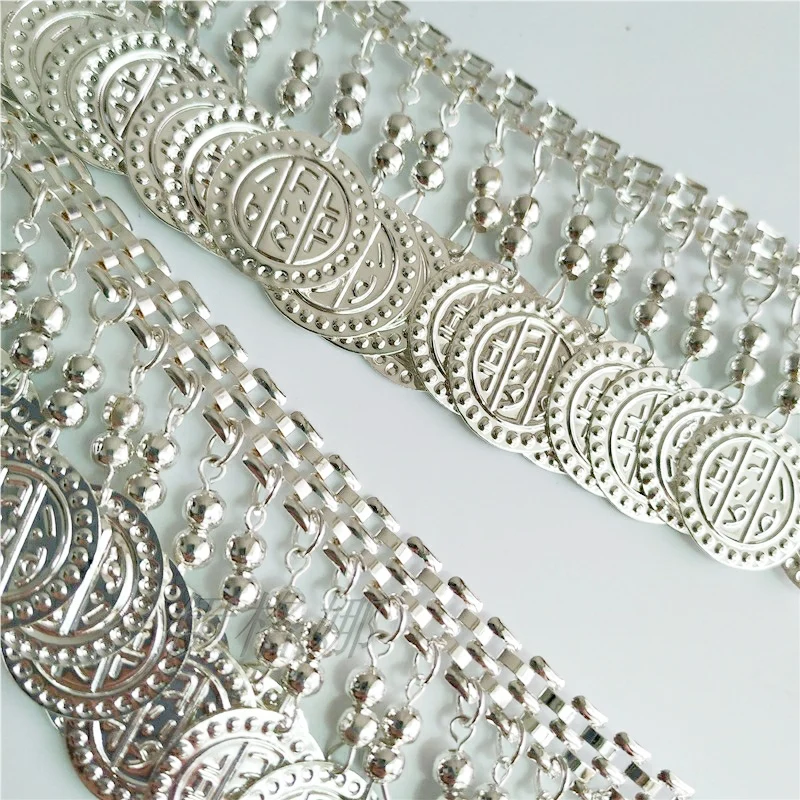 4.5cm Wide Thick Metallic Coin Sequins and Bells Beaded Fringe, gunmetal coin Fringe, Silver coin Fringe, Rose Gold coin Fringe