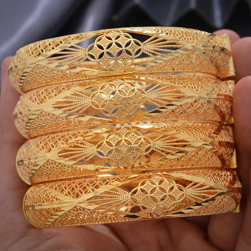 

4Pcs/set Banlges For women 24K Gold Color Bracelets&Bangles Dubai African Wedding Luxury flowers Bride Bangles