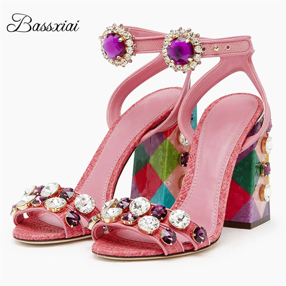 Diamond Rhinestone Chunky Heel Sandals For Girls Ankle Strap Open Toe Crystal Jeweled Strappy Summer Sandalias De Mujer