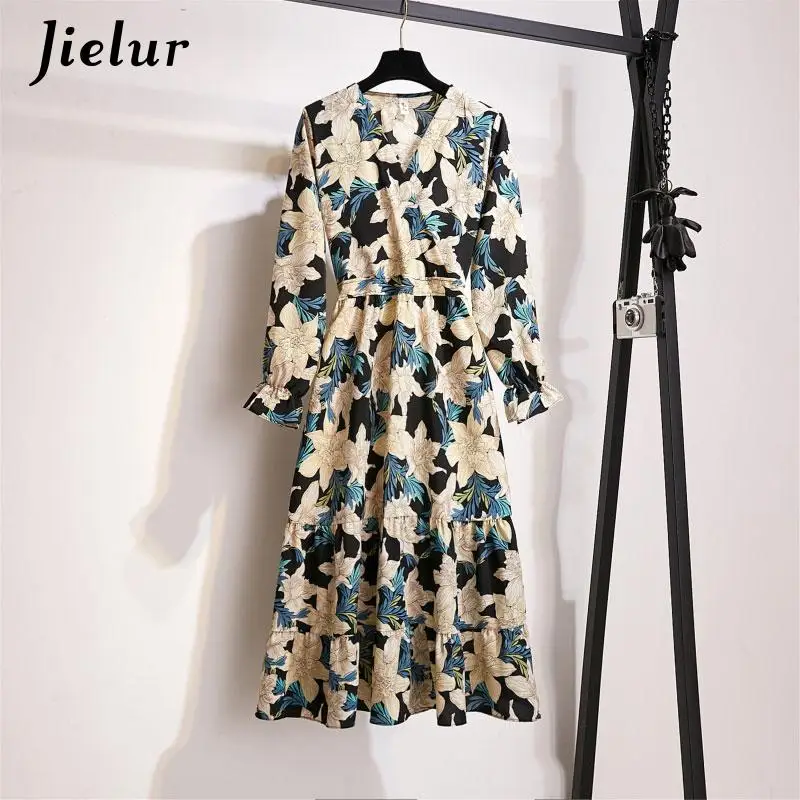 Jielur Eleganten Druck Kleid Frauen Herbst Vintage Casual S-XL Größe V Neck Blume Midi Kleid Koreanische Japan Lose Lange Hülse kleider