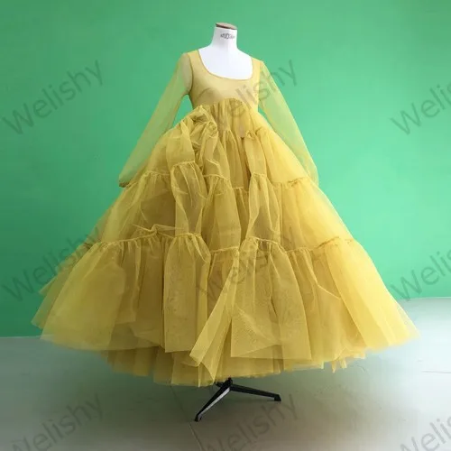 Lovely Yellow Extra Puffy Tulle Dresses Girls Full Sleeves Ankle Length Long Dress Tiered Ruffles Tull Prom Gown Women Custom