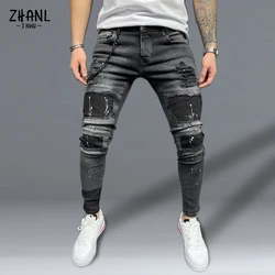 Homens streetwear moda calças elastano magro jeans remendo bolsos jeans rasgados para homens rua quebrado calças jeans preto