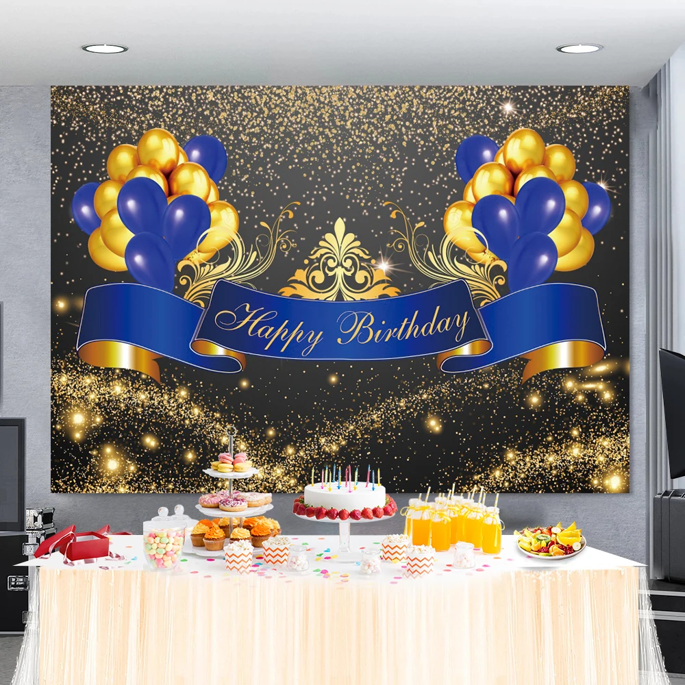 Laeacco Gold Black Balloons Ribbon Happy Birthday Celebration Party Photography Backdrops Customized Photo Background Banner