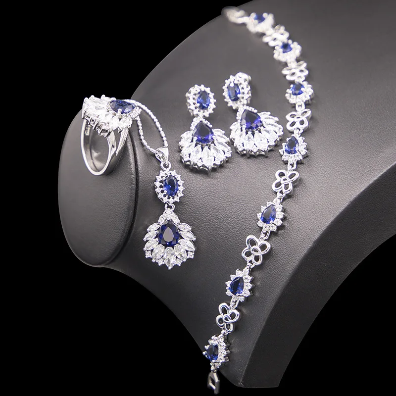 Blue Sapphire Jewelry Sets For Women Silver 925 Necklace Earrings Ring Pendant Bracelet With Gift Box