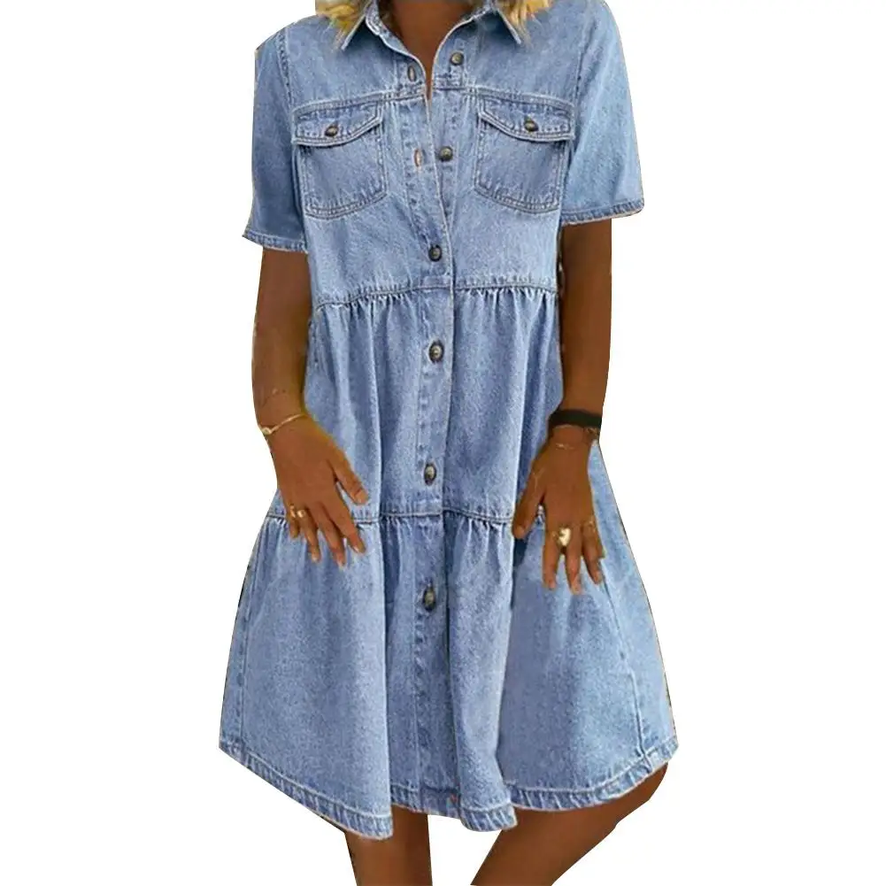 Gola azul manga curta vestido de botão fino sólido a linha raglan manga camisa denim vestido casual bolso cinza vestido retro bolsos