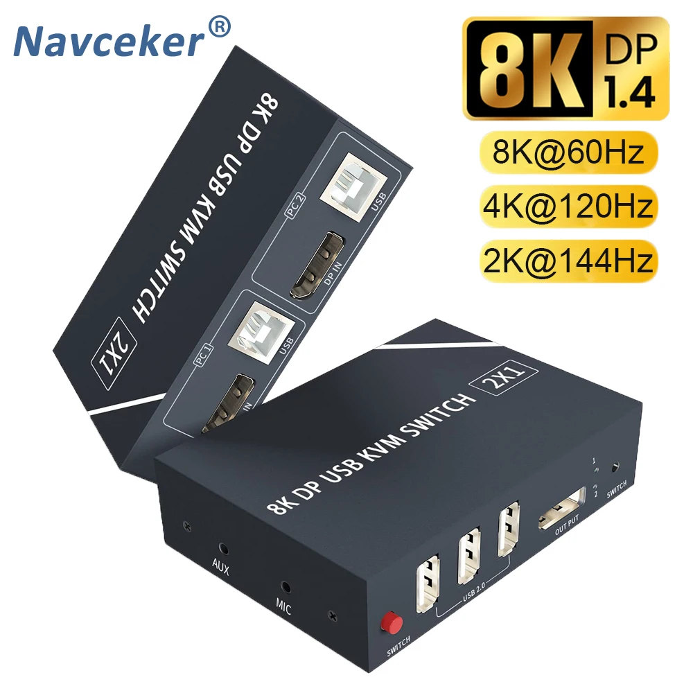 2023 Best 8K KVM DP Switch Dual Monitor 2 In 1 Out Displayport KVM Switch 2 Port 4K 60Hz KVM Switch Share Printer Keyboard Mouse