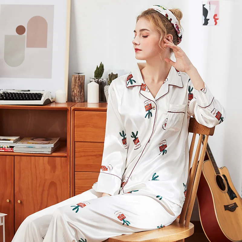 2019 Autumn Women Sleepwear Green Cactus Long Sleeve Suitable For Women Aged 16 To 40 Women Pajamas Comfy Homewear