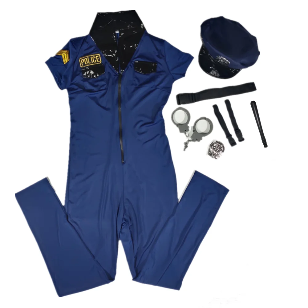 Adult Sexy Blue Cop Jumpsuit Costume Halloween Policewoman Cosplay Uniform For Women Fancy Dress S-2XL