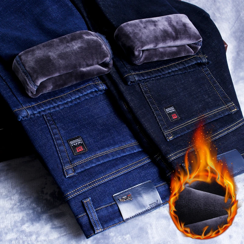 2023, zimowe, nowe, ciepłe, moda biznesowa dopasowane jeansy rurki, grube spodnie jeansowe, z polaru, markowe spodnie z czarnego błękitu