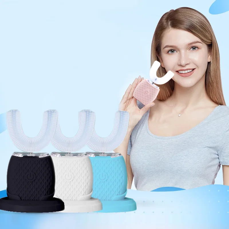 U-شكل فرشاة الأسنان الكهربائية USB قابلة للشحن 360 درجة فرشاة أسنان أوتوماتيكية الضوء الأزرق البارد تبييض الأسنان 4 طرق مقاوم للماء