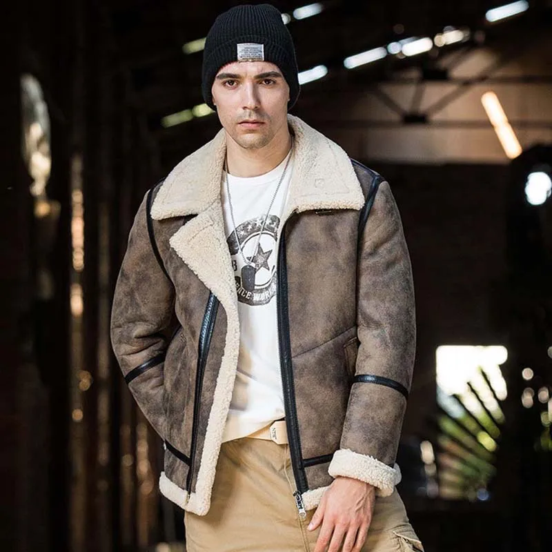 Denny&Dora Men's Shearling Jacket Black B3 Bomber, Winter Motorcycle Leather Coat Heavy Duty Windproof