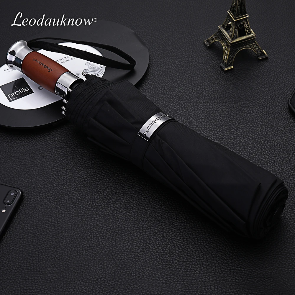 Leodauknow three folding business fully automatic wood metal handle 1.2 Meters Windproof men\'s 10k sunny and rainy umbrella